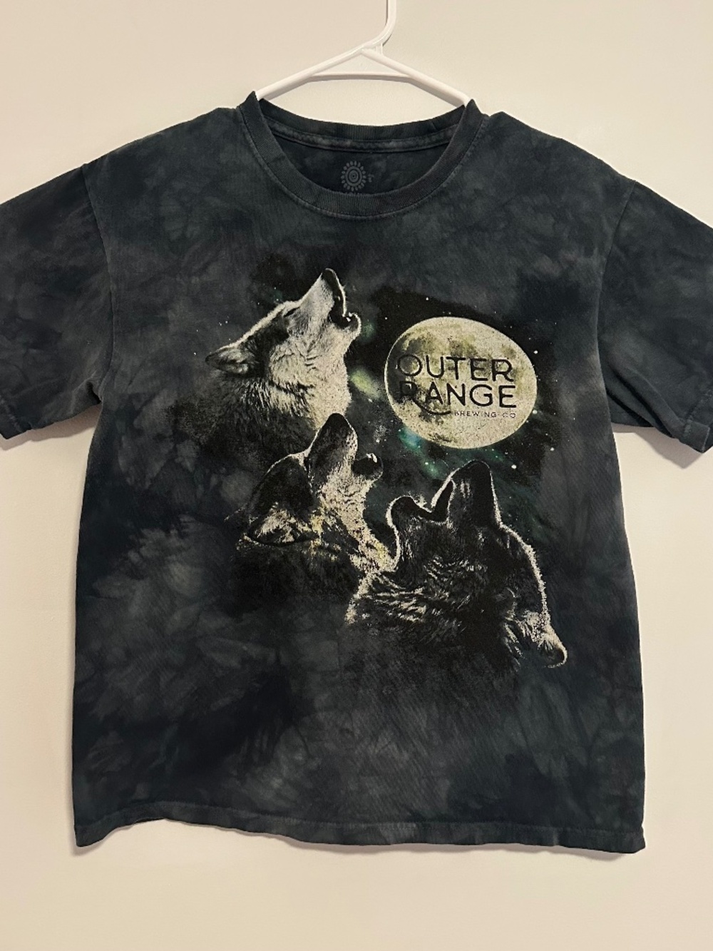 Outer Range Wolf & Moon Print T-Shirt Small Blue Acid Wash Y2K Short Sleeve